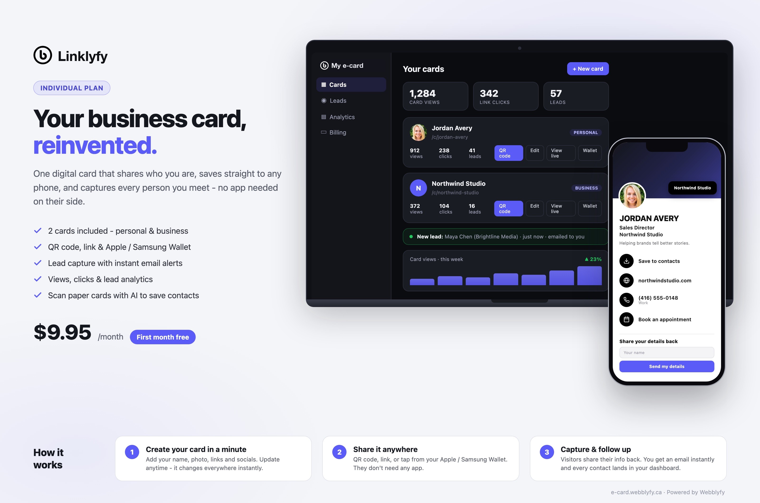 The Individual plan: your cards dashboard on desktop, your live card on mobile - $9.95/month, first month free