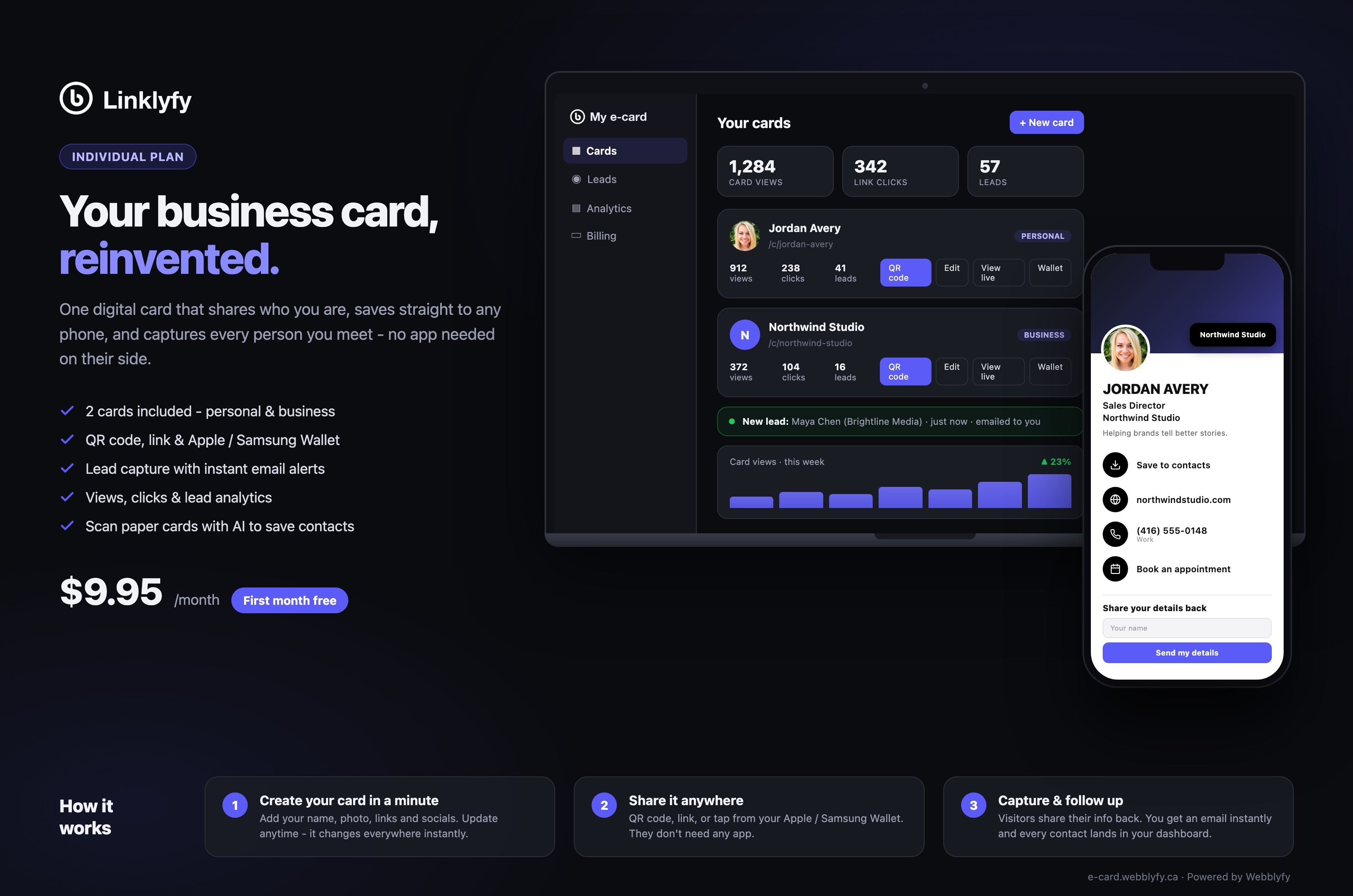The Individual plan: your cards dashboard on desktop, your live card on mobile - $9.95/month, first month free