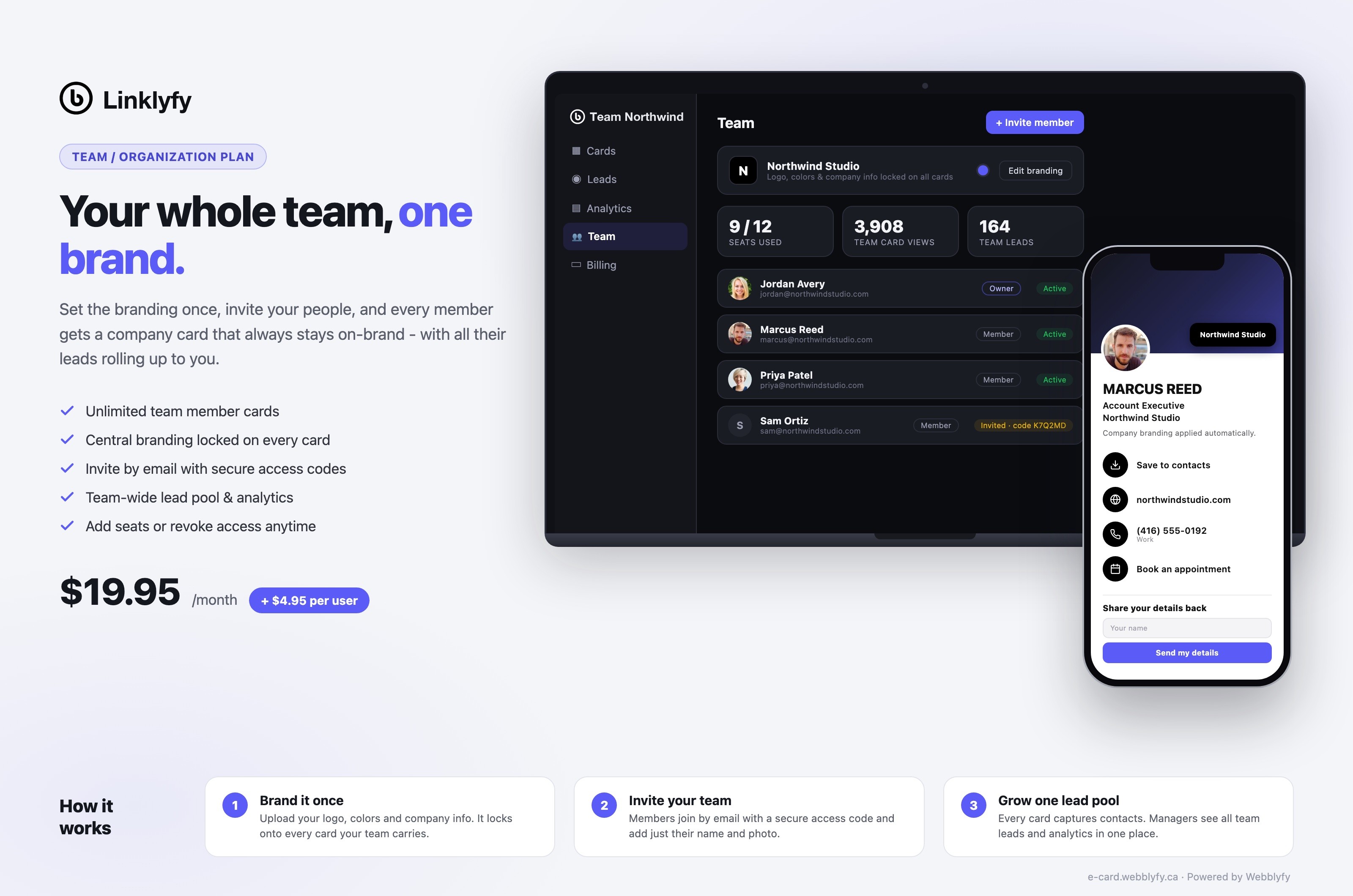 The Team plan: central branding, team member cards and a shared lead pool - $19.95/month + $4.95 per user