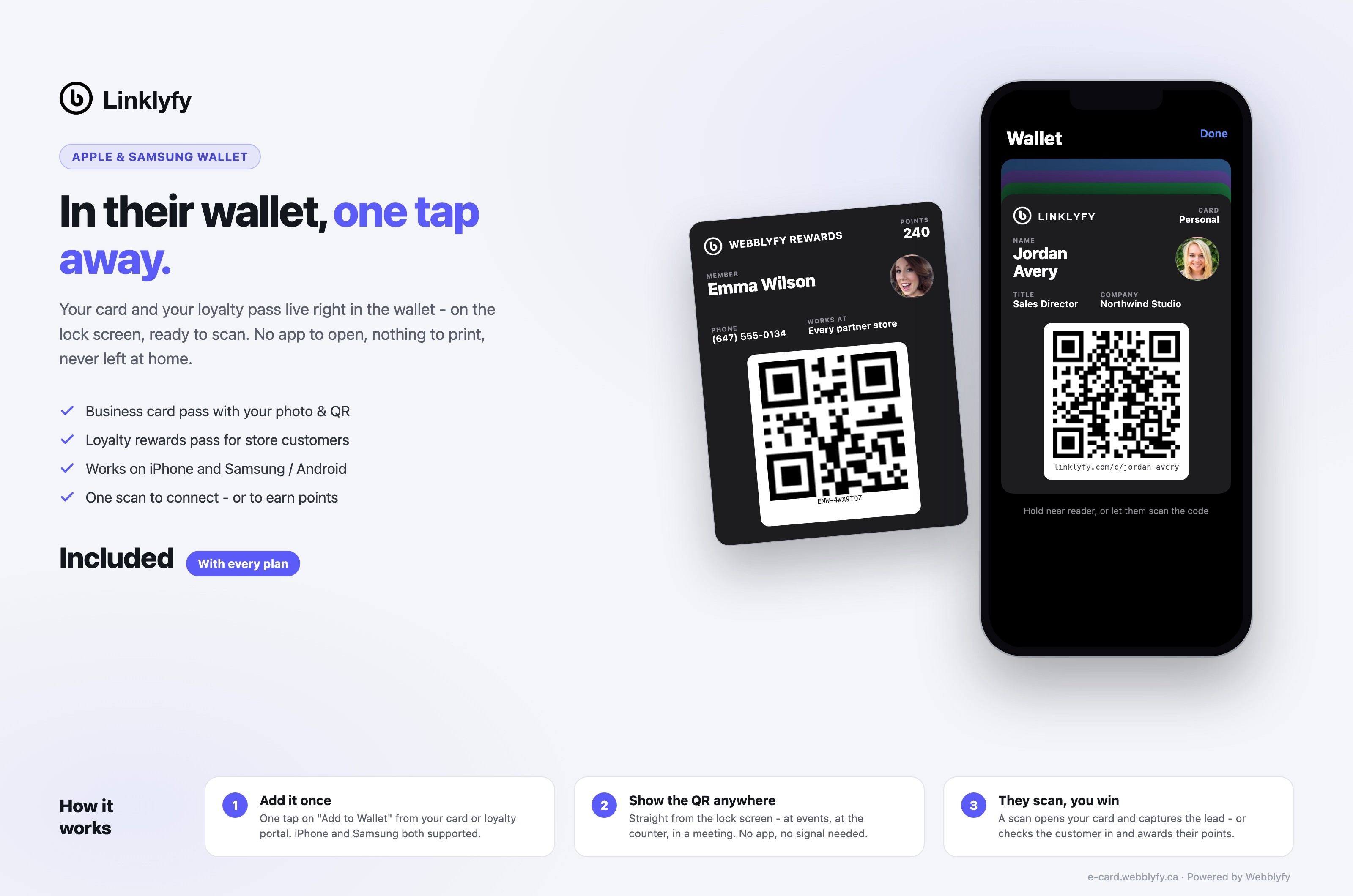 Apple and Samsung Wallet: your business card pass and loyalty rewards pass with scannable QR codes - included with every plan