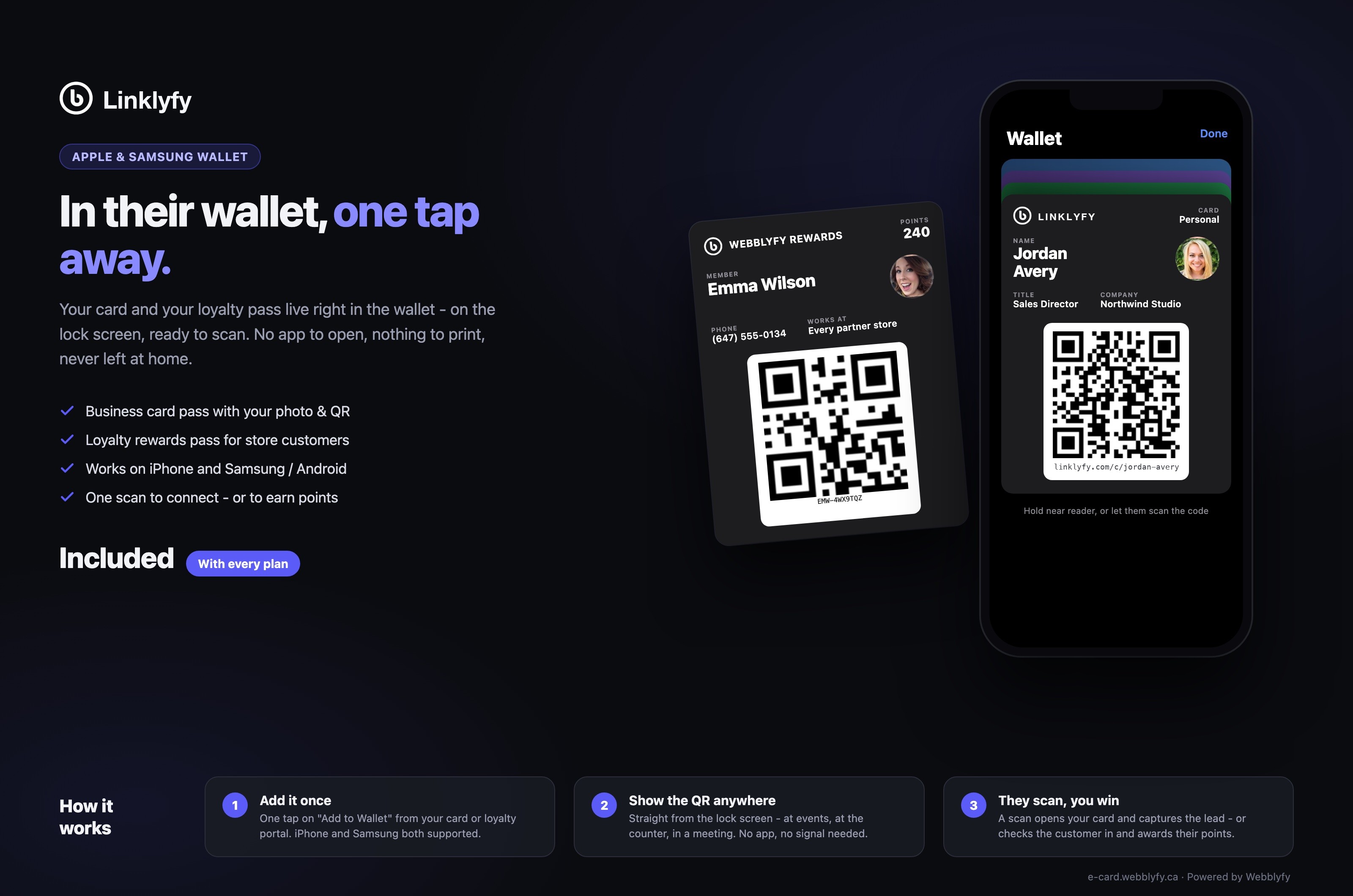 Apple and Samsung Wallet: your business card pass and loyalty rewards pass with scannable QR codes - included with every plan
